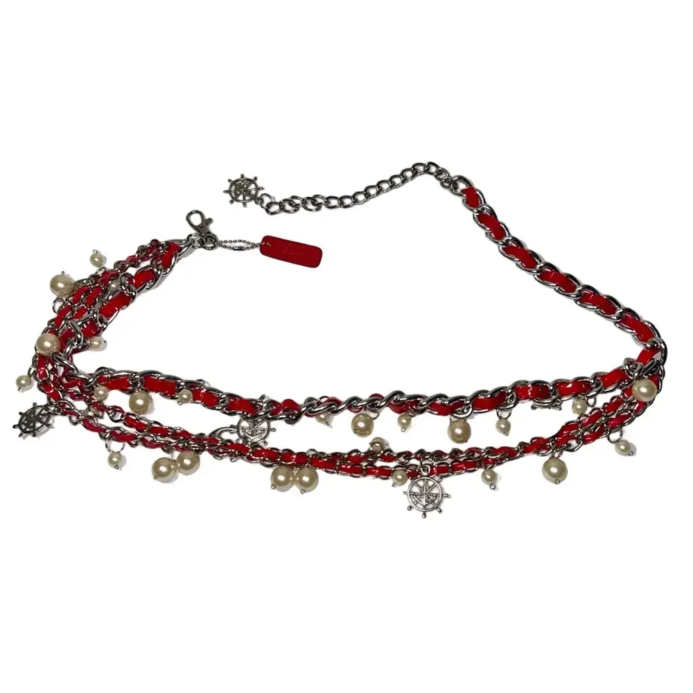 ⚓️Vintage Nautical Charm Silver Link Chain Red Leather Belt Anchor Rolfs